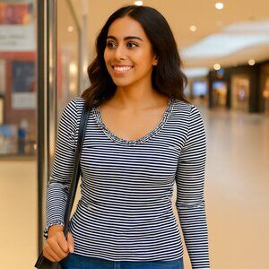 Boden Striped Long Sleeve Tshirt Ribbed Ruffle Collar + Cuff Size 6 Coastal